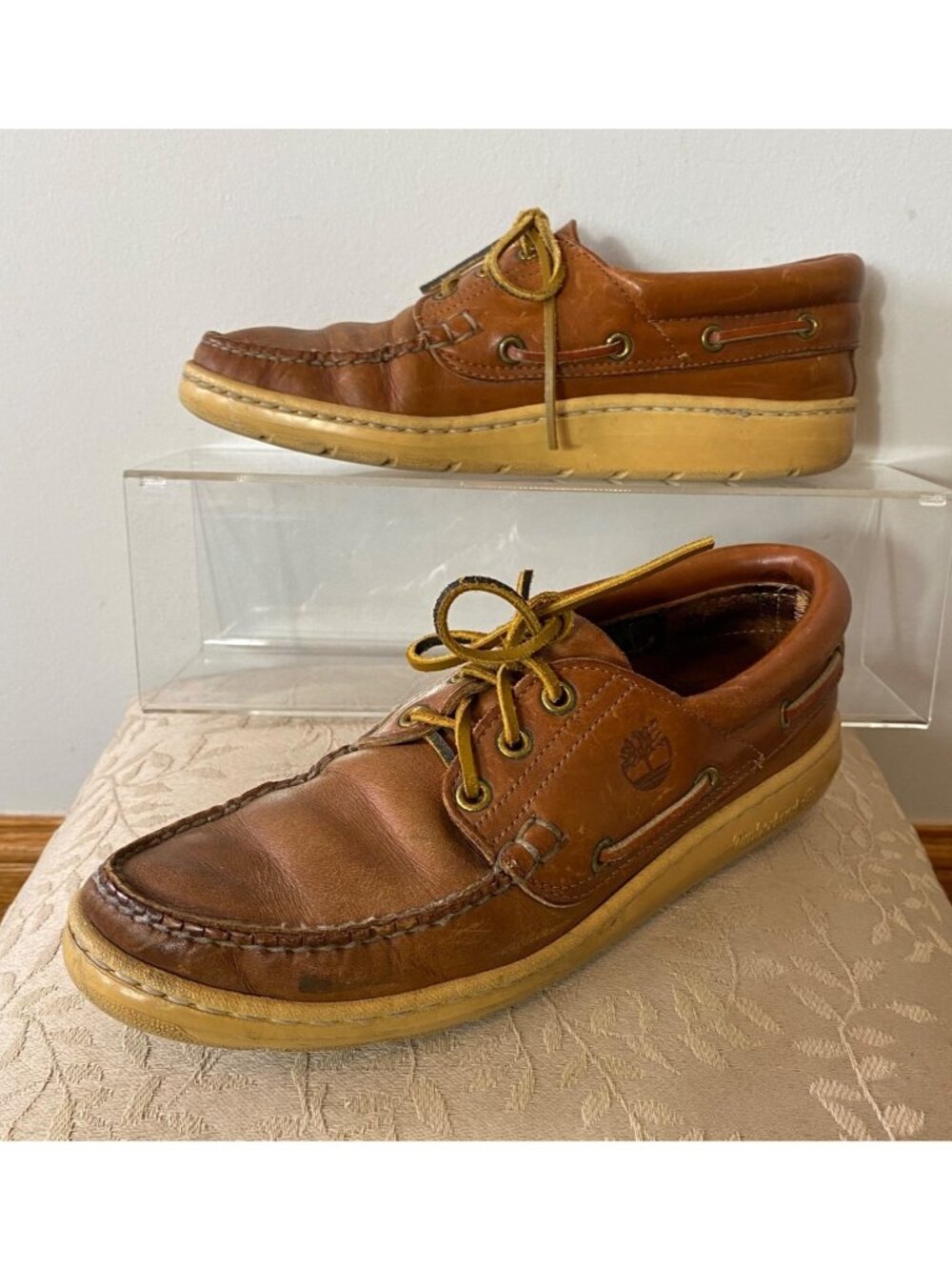 Timberland Mens Brown Leather Boat Shoes Yellow Laces Size 9 .
